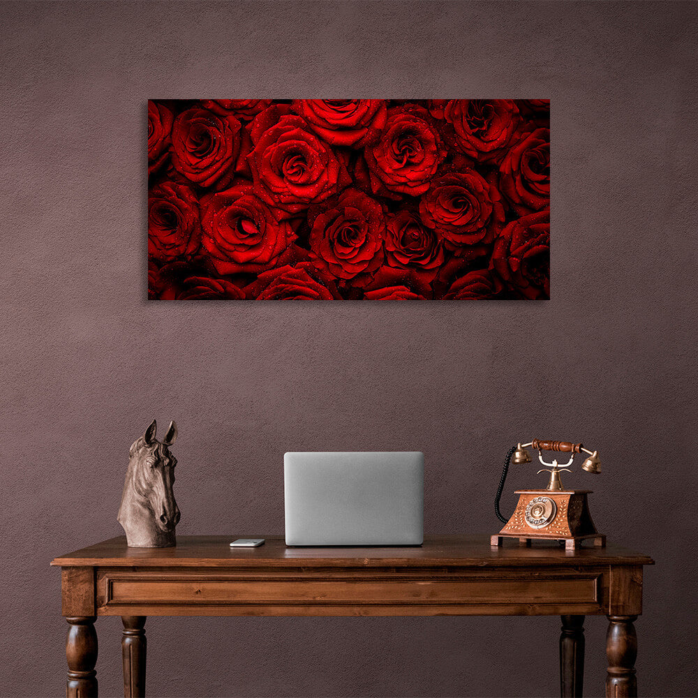 Leinwandbild „Rote Rosen mit Wassertropfen“