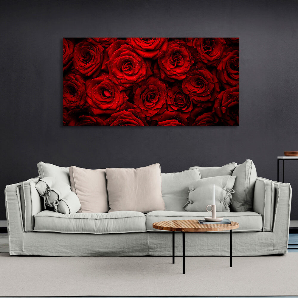 Leinwandbild „Rote Rosen mit Wassertropfen“