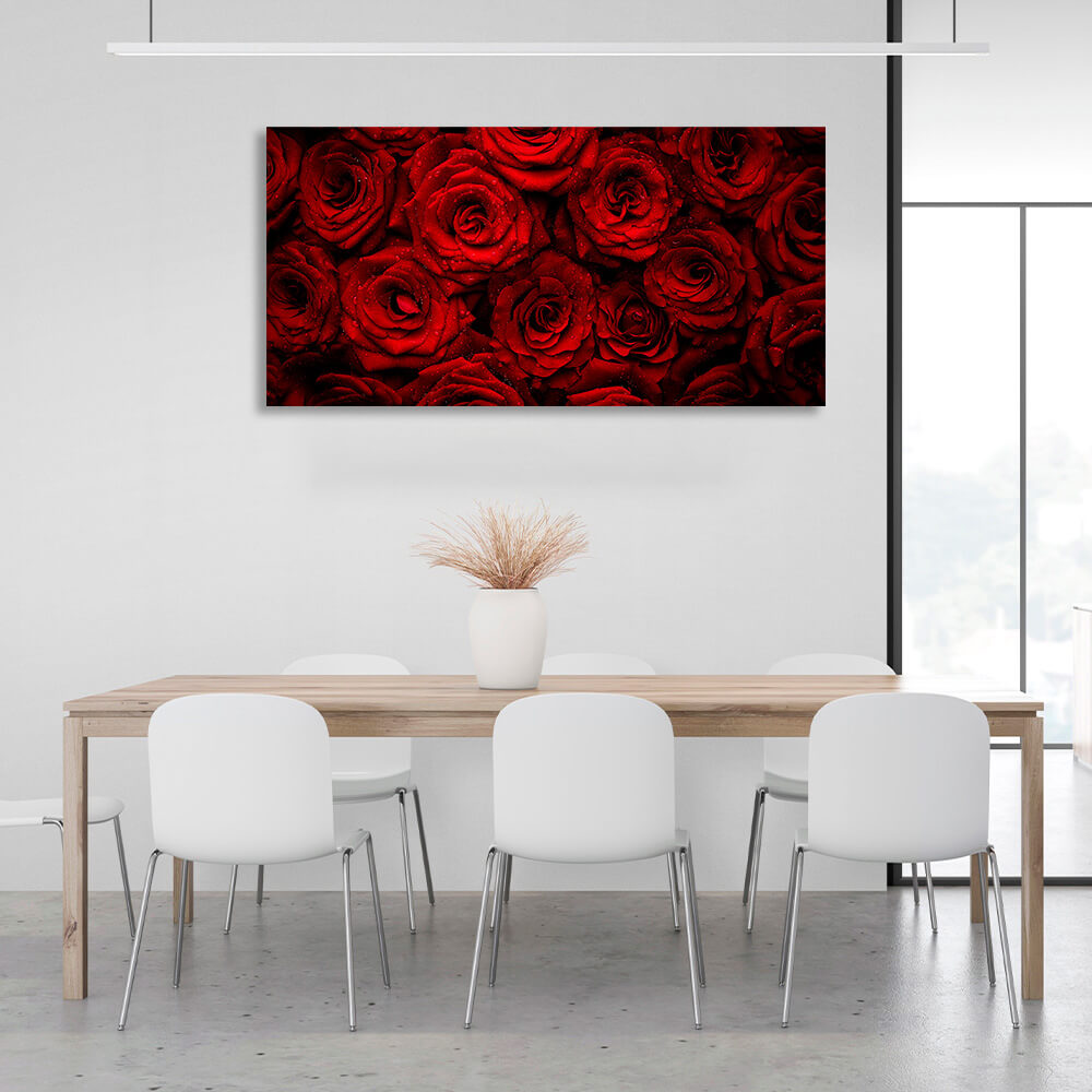 Leinwandbild „Rote Rosen mit Wassertropfen“