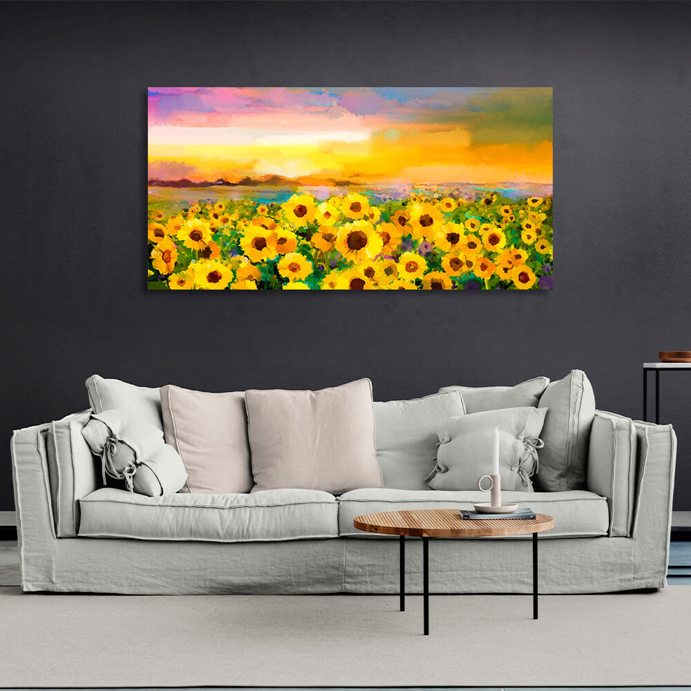 Ein Feld mit Sonnenblumen, Nachahmung eines gemalten Bildes, Kunstdruck auf Leinwand