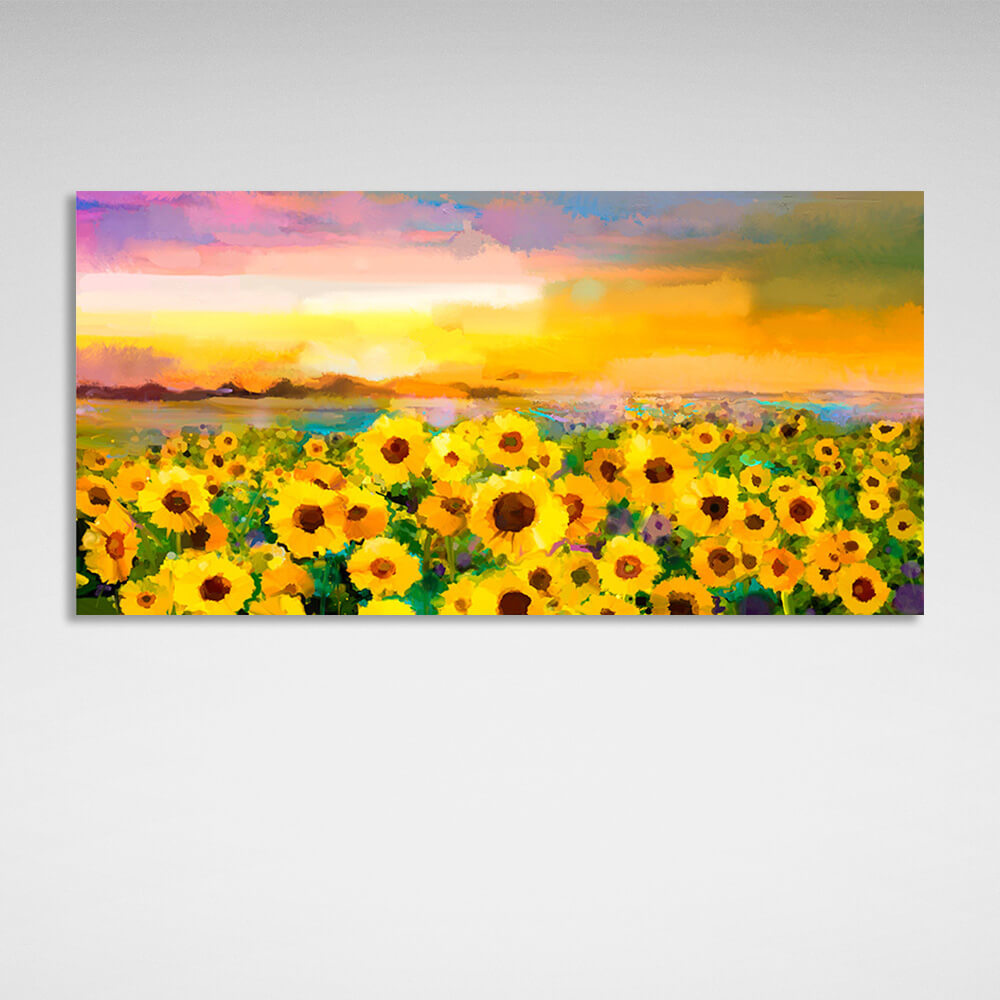 Ein Feld mit Sonnenblumen, Nachahmung eines gemalten Bildes, Kunstdruck auf Leinwand