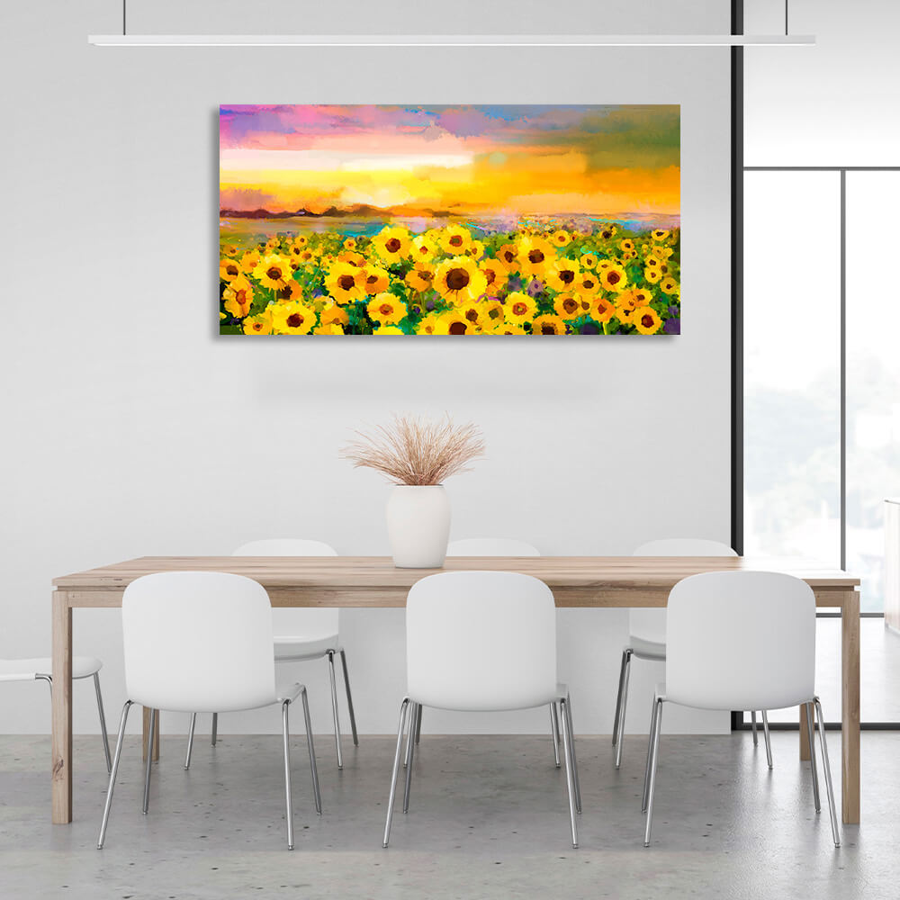 Ein Feld mit Sonnenblumen, Nachahmung eines gemalten Bildes, Kunstdruck auf Leinwand