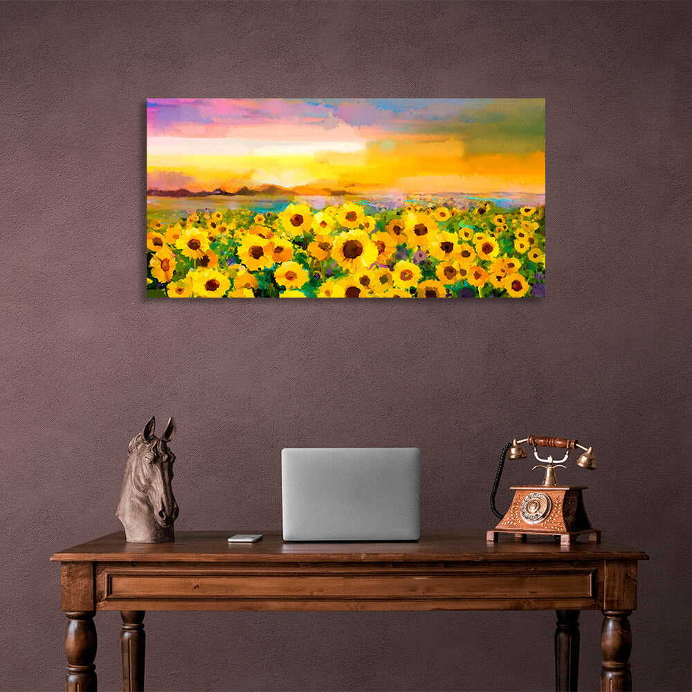 Ein Feld mit Sonnenblumen, Nachahmung eines gemalten Bildes, Kunstdruck auf Leinwand