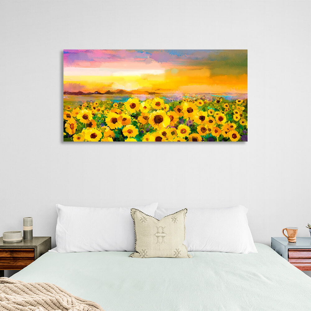 Ein Feld mit Sonnenblumen, Nachahmung eines gemalten Bildes, Kunstdruck auf Leinwand