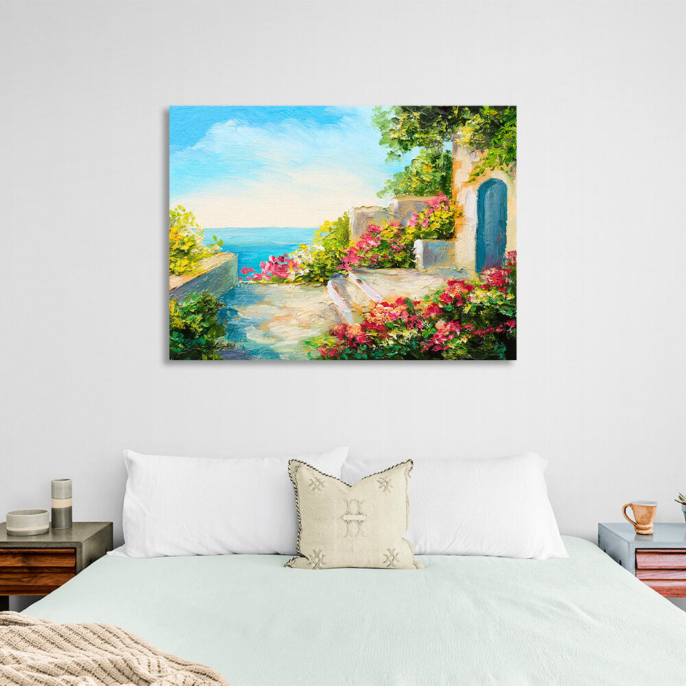 House by the sea imitation drawing Canvas Wall Art Print