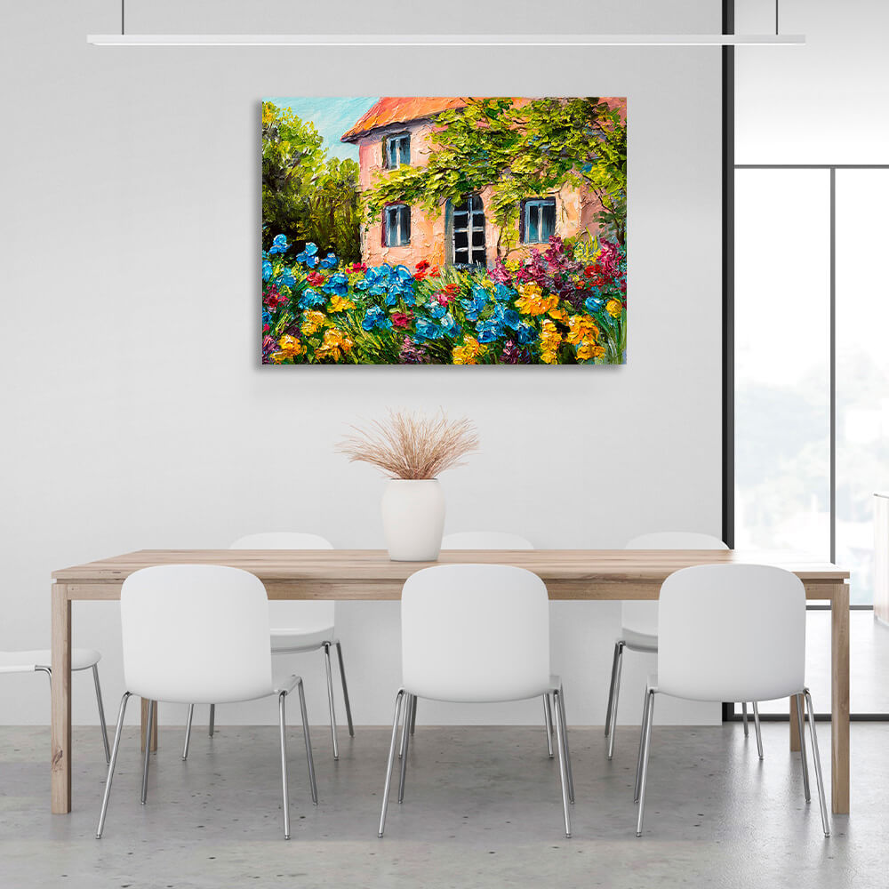 House with flowers and trees Canvas Wall Art Print