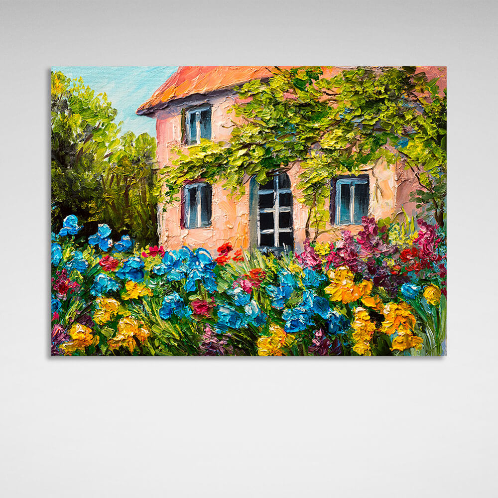 Leinwandbild „Haus mit Blumen und Bäumen“