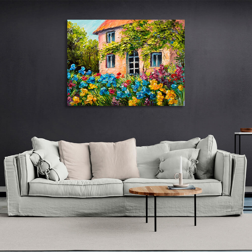 House with flowers and trees Canvas Wall Art Print