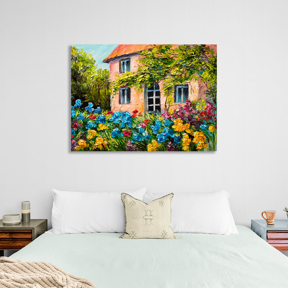 Leinwandbild „Haus mit Blumen und Bäumen“