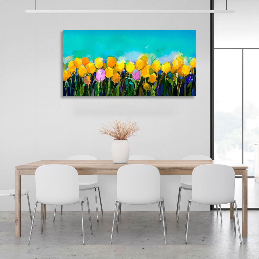 Kunstdruck auf Leinwand mit gelben Blumen auf blauem Hintergrund