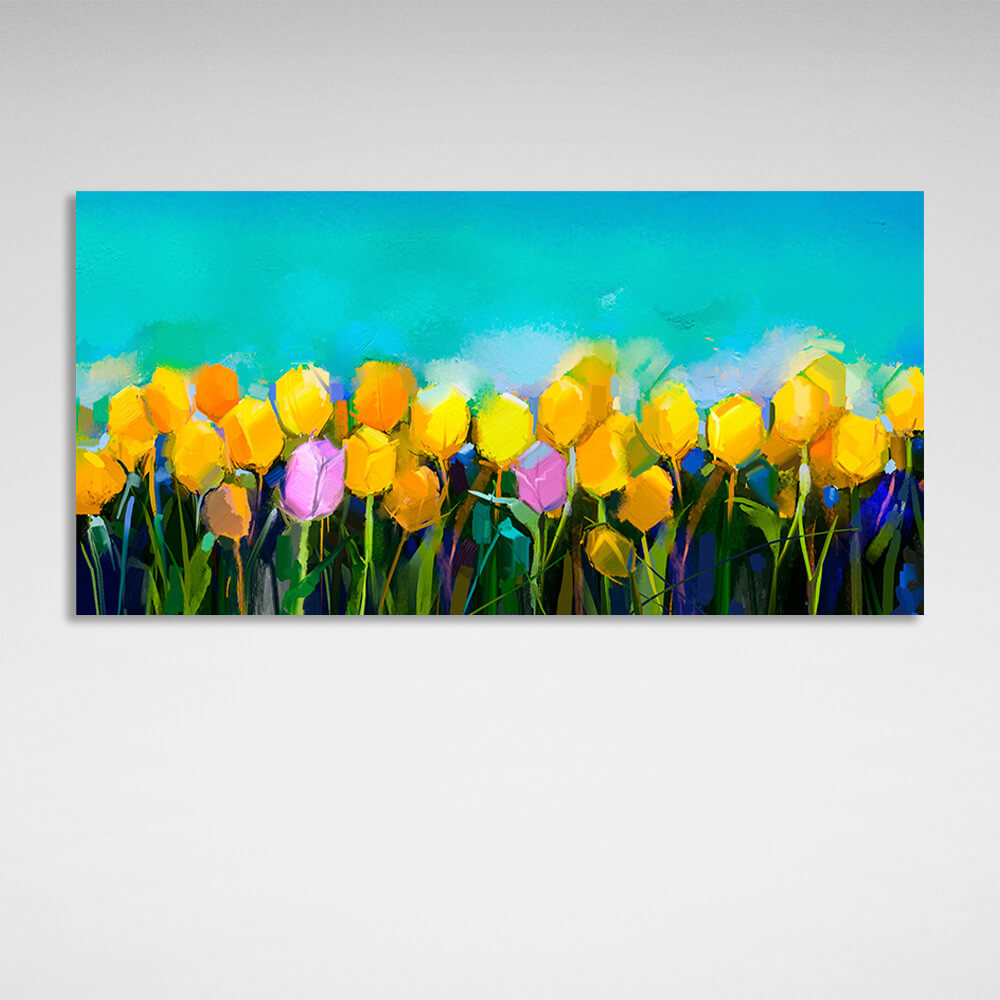 Kunstdruck auf Leinwand mit gelben Blumen auf blauem Hintergrund