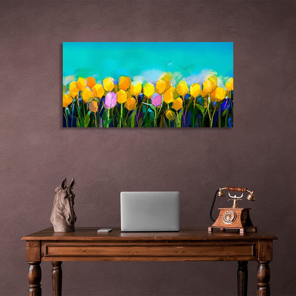 Kunstdruck auf Leinwand mit gelben Blumen auf blauem Hintergrund