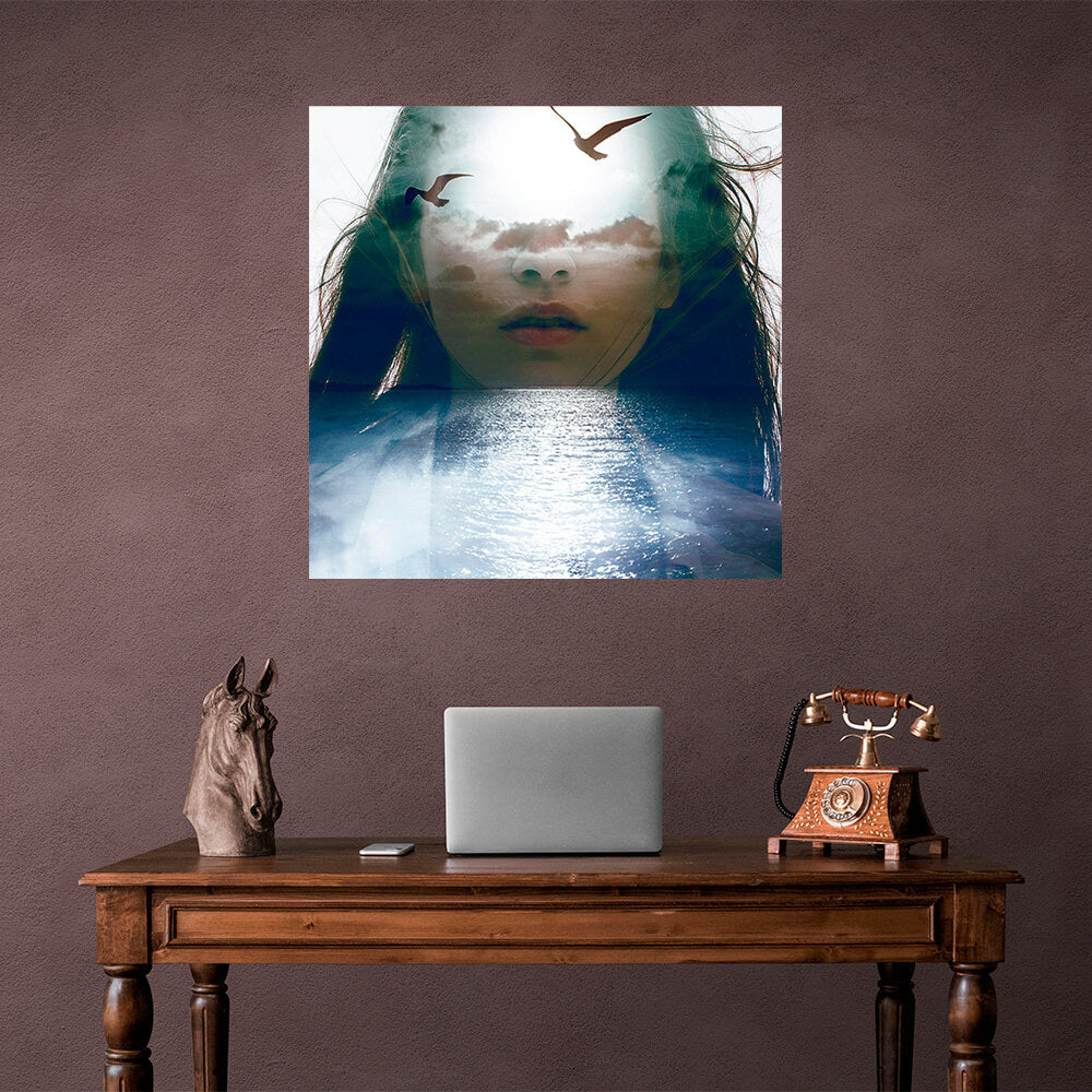 A woman sea and two seagulls Canvas Wall Art Print