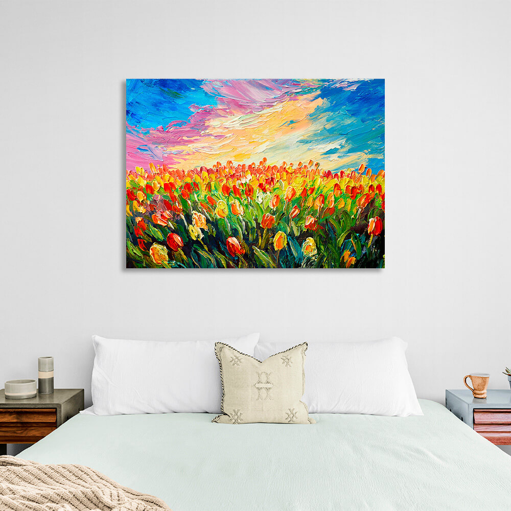 Kunstdruck auf Leinwand mit Tulpenfeld-Imitationsmuster