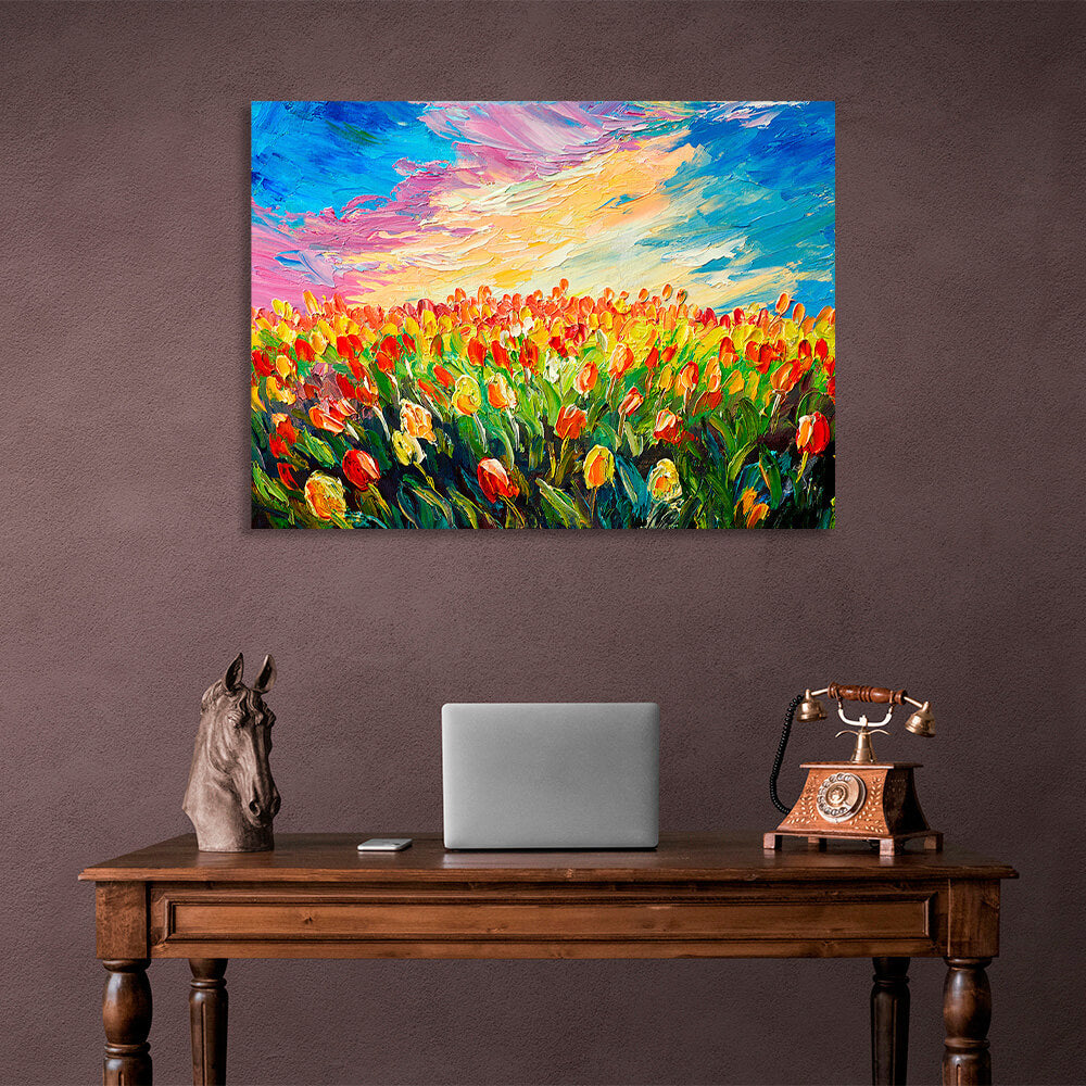 Kunstdruck auf Leinwand mit Tulpenfeld-Imitationsmuster