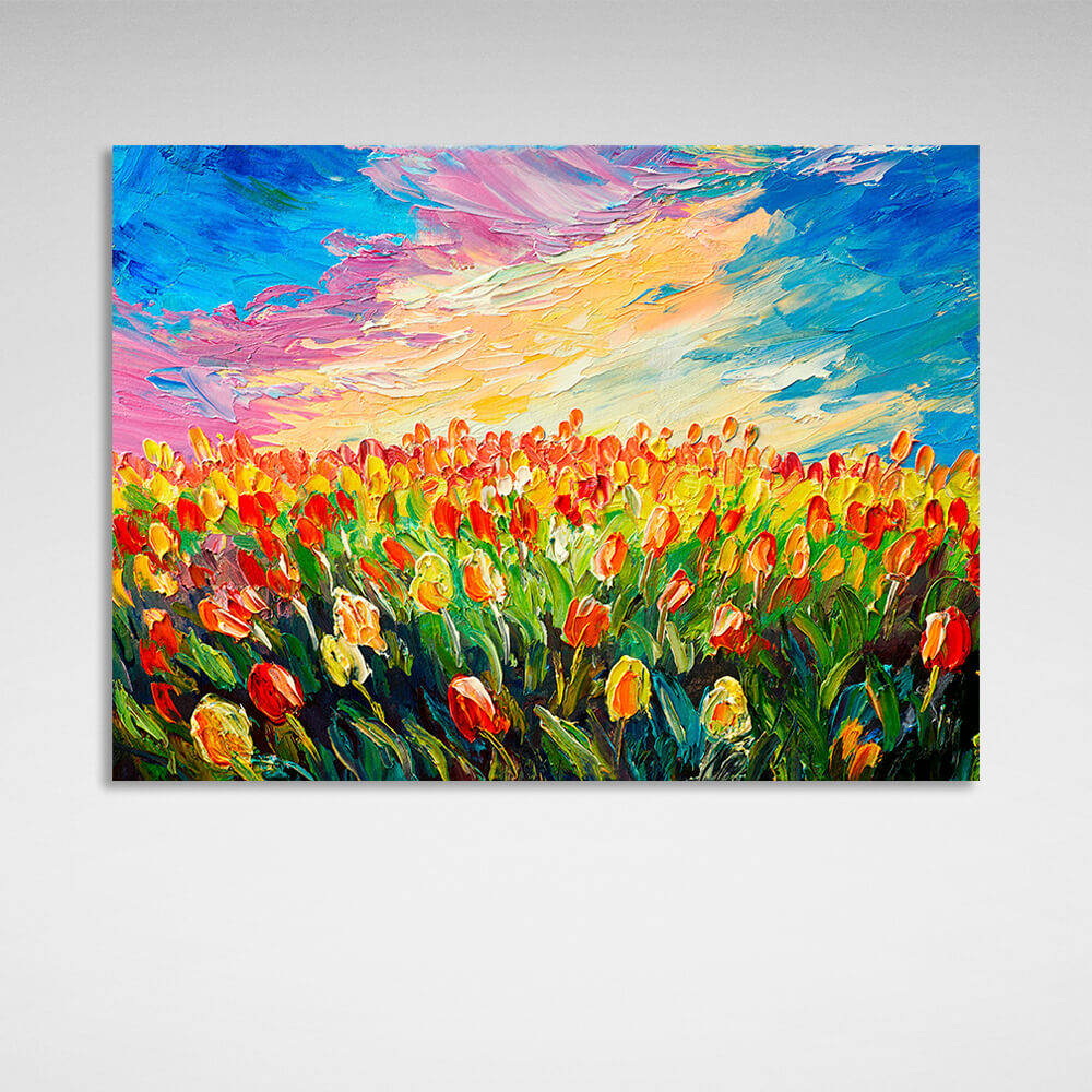 Kunstdruck auf Leinwand mit Tulpenfeld-Imitationsmuster