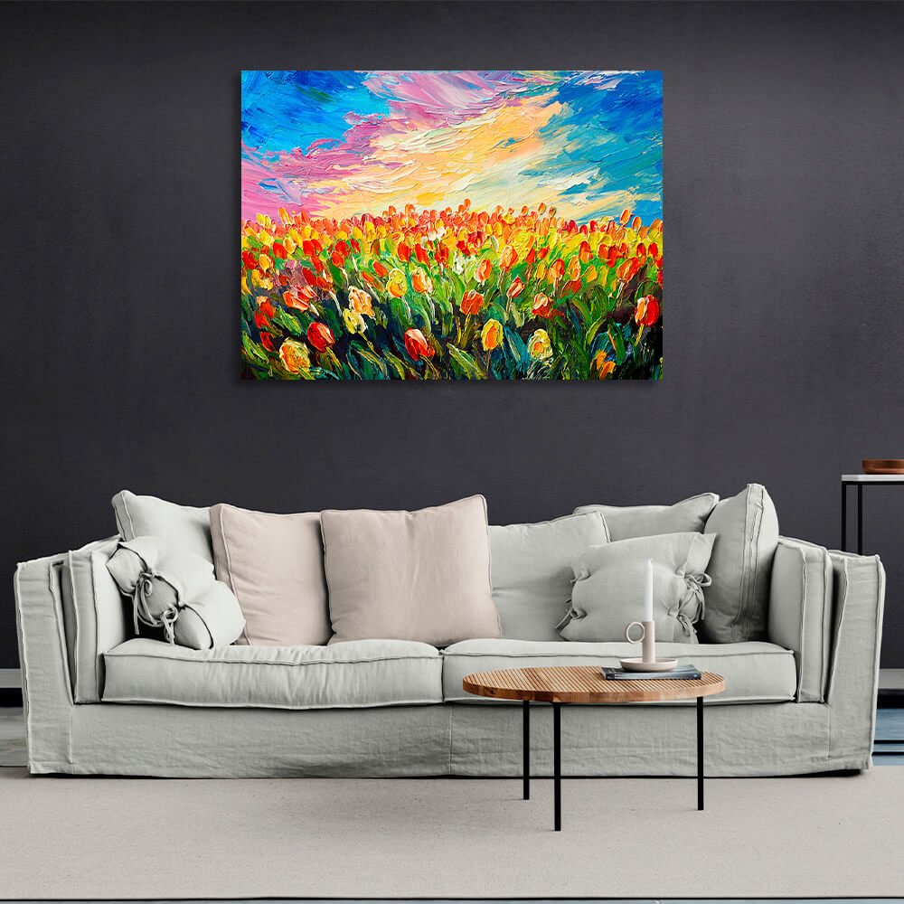 Kunstdruck auf Leinwand mit Tulpenfeld-Imitationsmuster