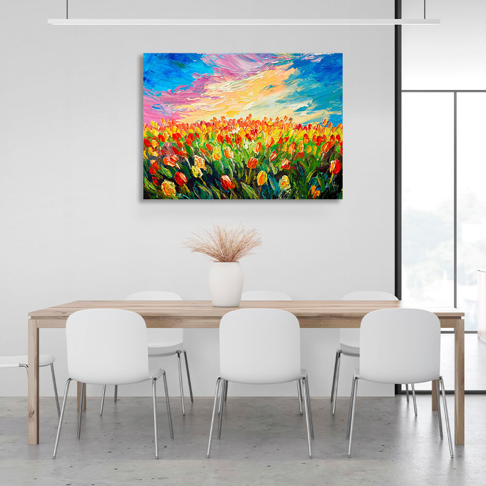 Kunstdruck auf Leinwand mit Tulpenfeld-Imitationsmuster