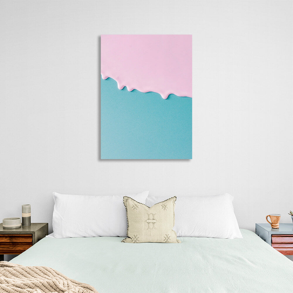 Spattered pink paint on a blue background Canvas Wall Art Print