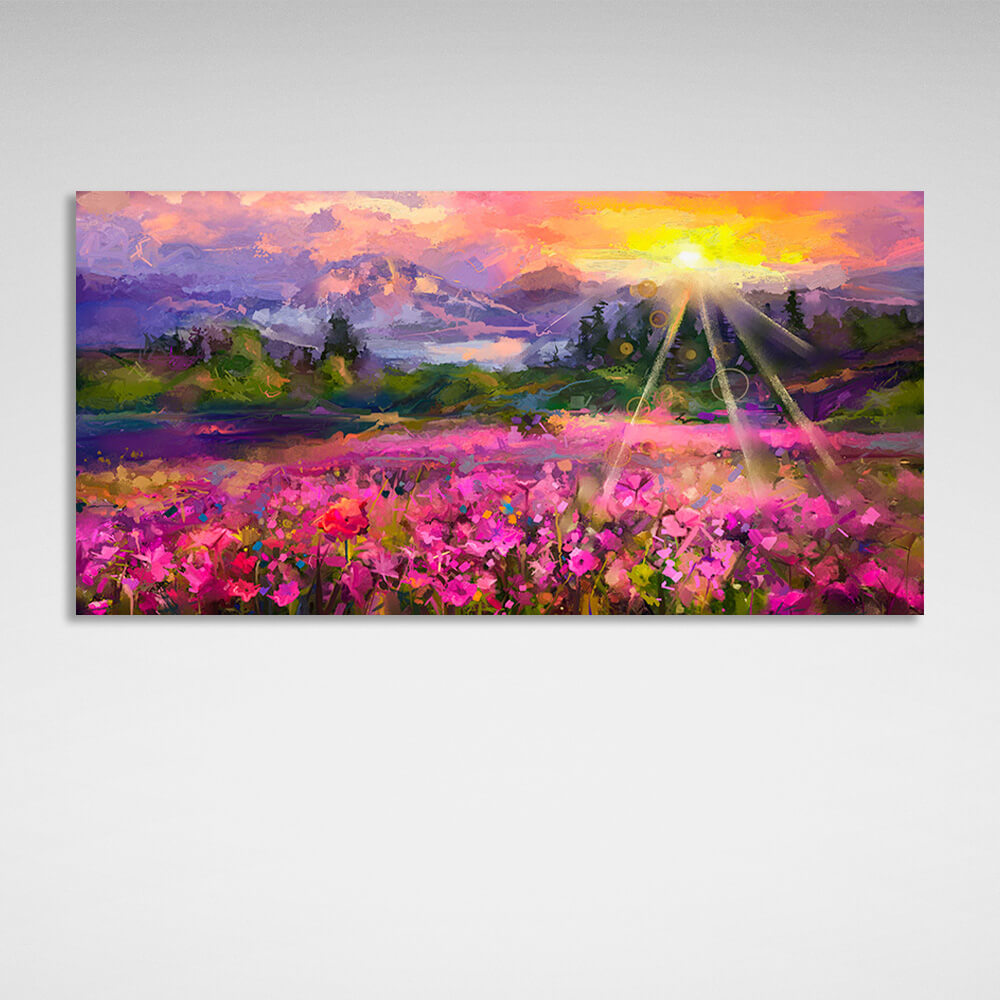 Kunstdruck auf Leinwand mit Blüte vor der wunderschönen Kulisse von Bergen und Sonnenuntergang