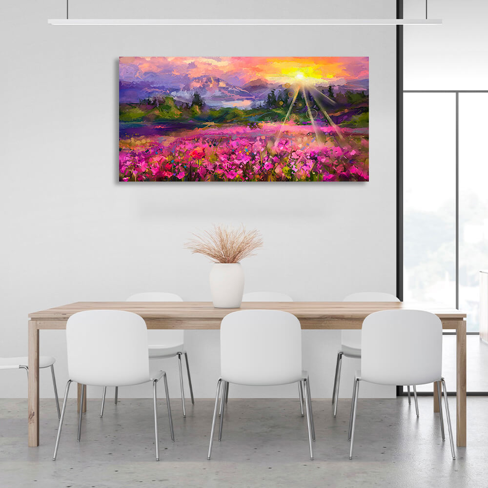 Kunstdruck auf Leinwand mit Blüte vor der wunderschönen Kulisse von Bergen und Sonnenuntergang