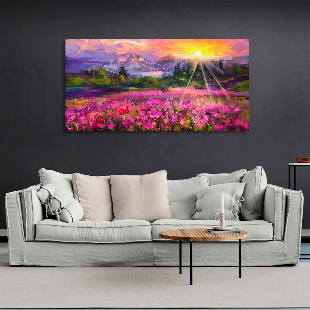 Kunstdruck auf Leinwand mit Blüte vor der wunderschönen Kulisse von Bergen und Sonnenuntergang