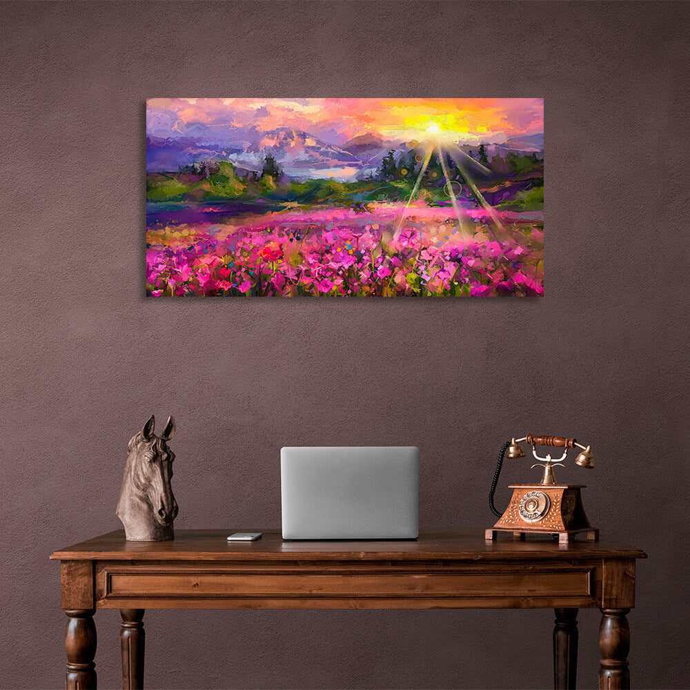 Kunstdruck auf Leinwand mit Blüte vor der wunderschönen Kulisse von Bergen und Sonnenuntergang