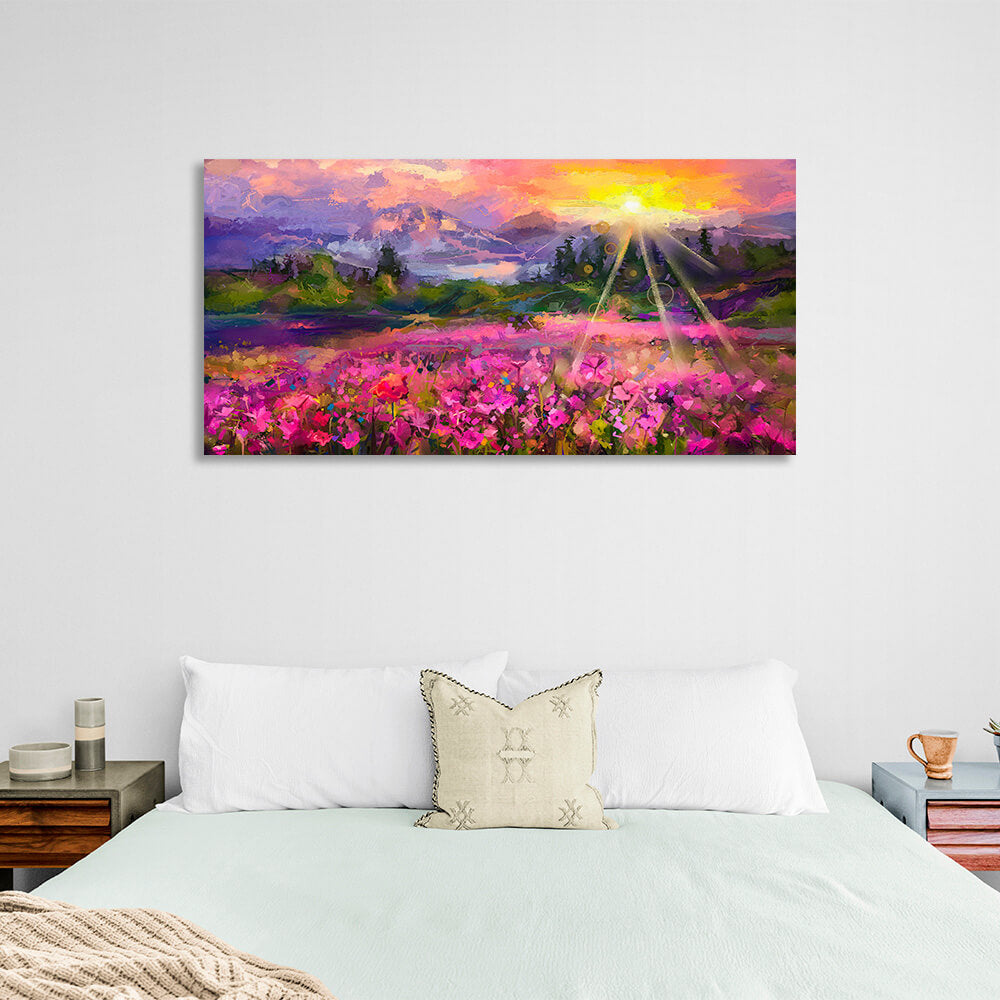 Kunstdruck auf Leinwand mit Blüte vor der wunderschönen Kulisse von Bergen und Sonnenuntergang