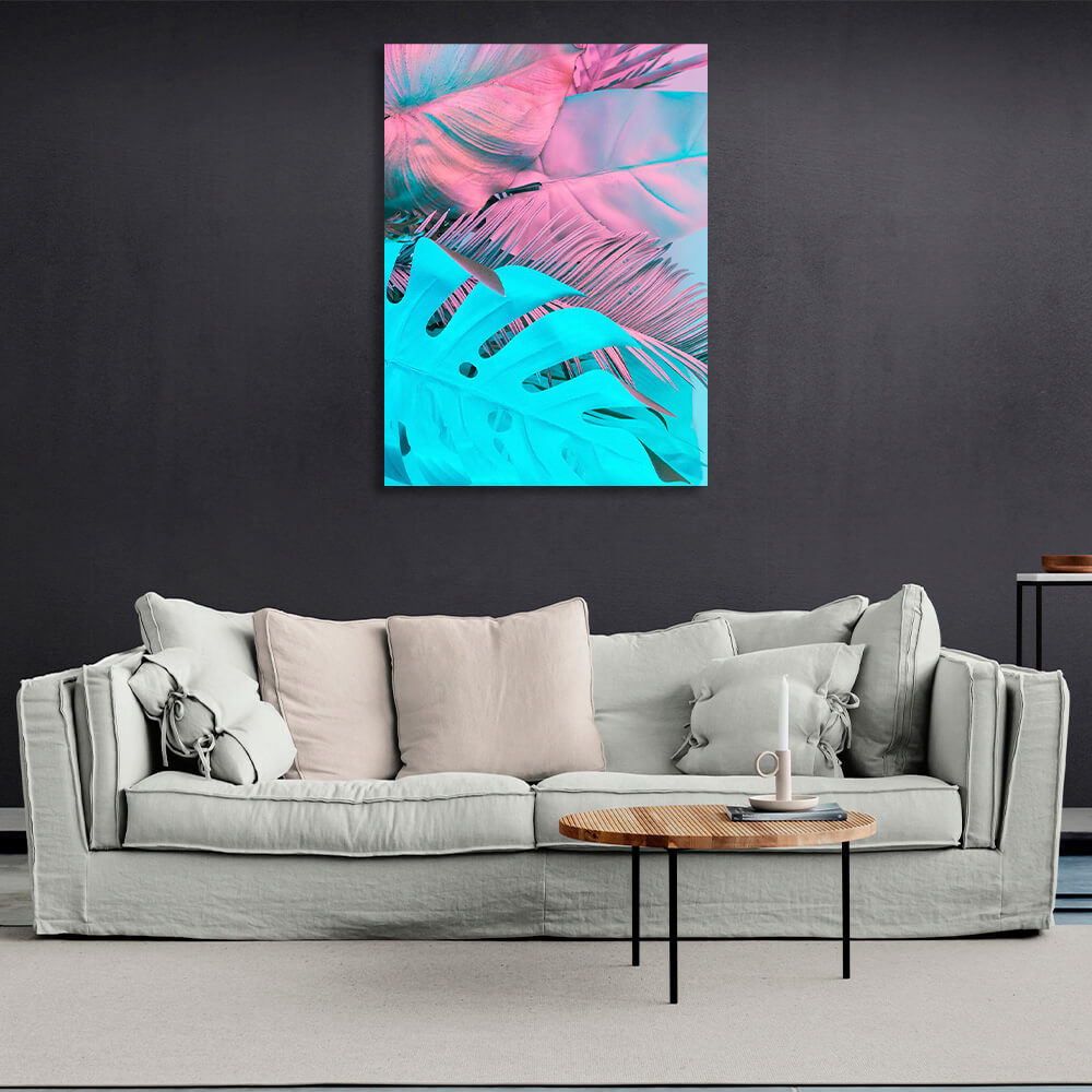 Kunstdruck auf Leinwand mit tropischen Blättern in Blau und Rosa