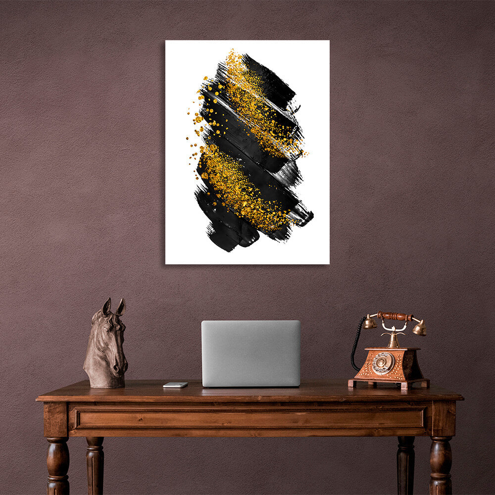 Black and gold strokes on a white background Abstraction Canvas Wall Art Print