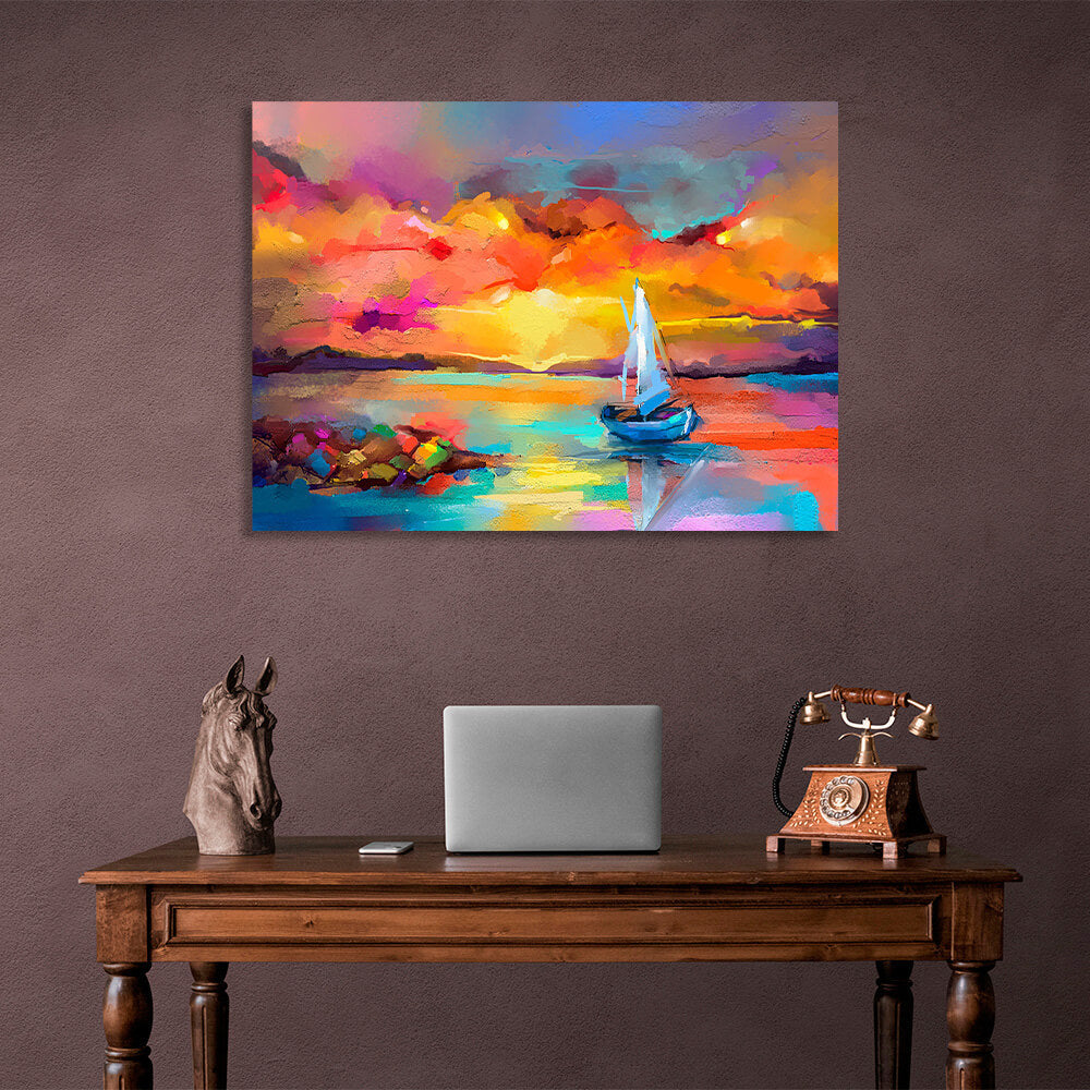 Boat next to a small island imitation pattern in rainbow colors Canvas Wall Art Print