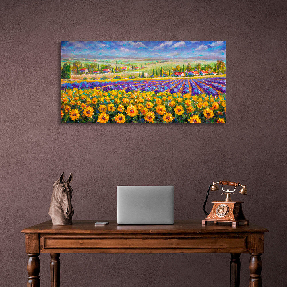 Leinwandbild „Landschaft mit Blumen und Häusern“