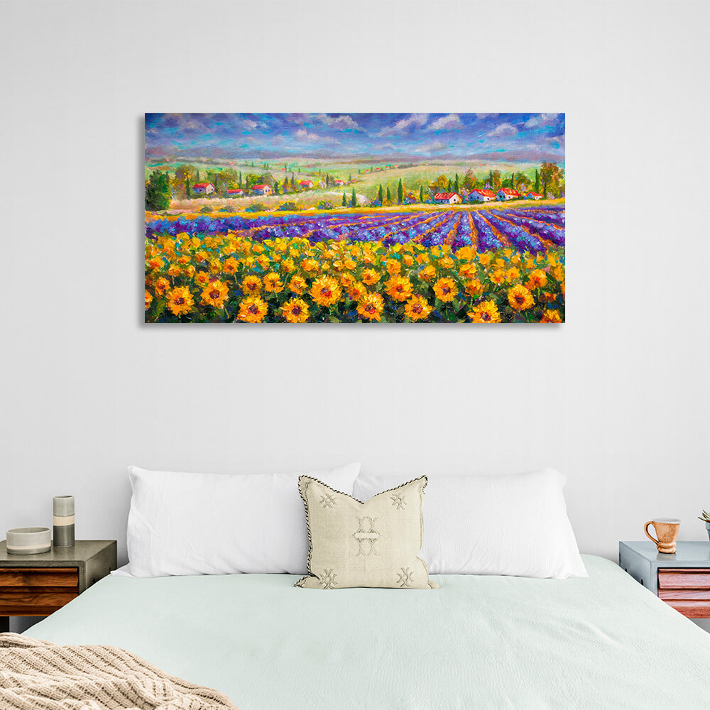 Leinwandbild „Landschaft mit Blumen und Häusern“