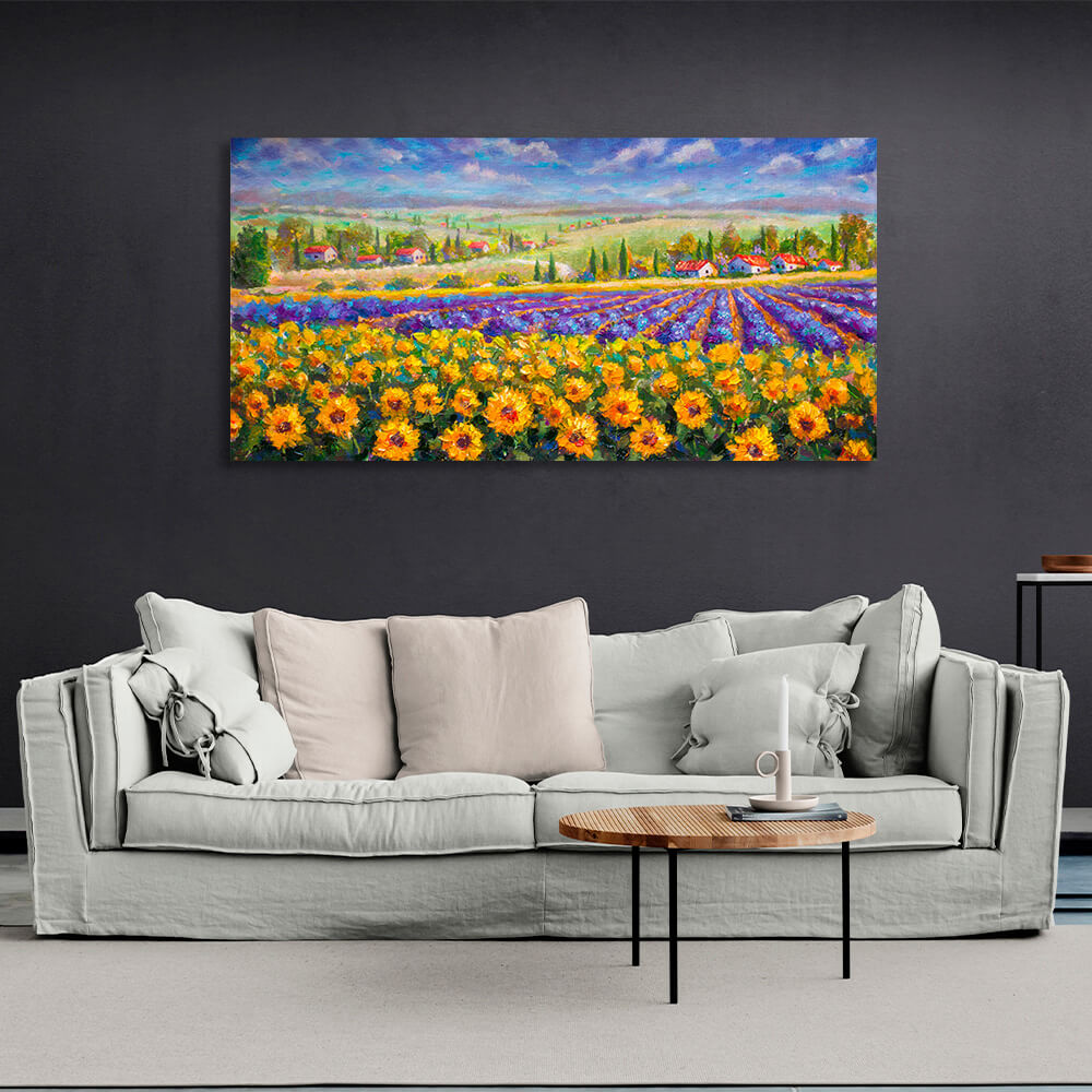 Leinwandbild „Landschaft mit Blumen und Häusern“