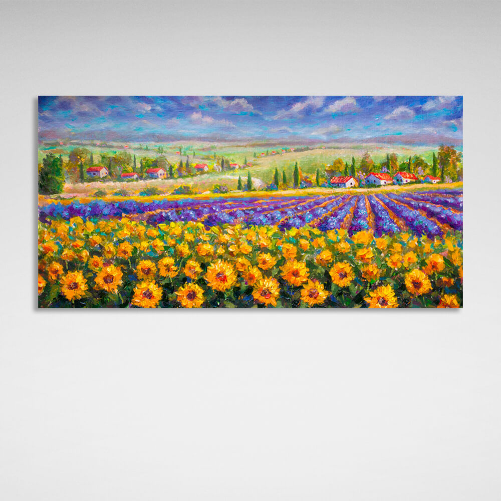 Leinwandbild „Landschaft mit Blumen und Häusern“