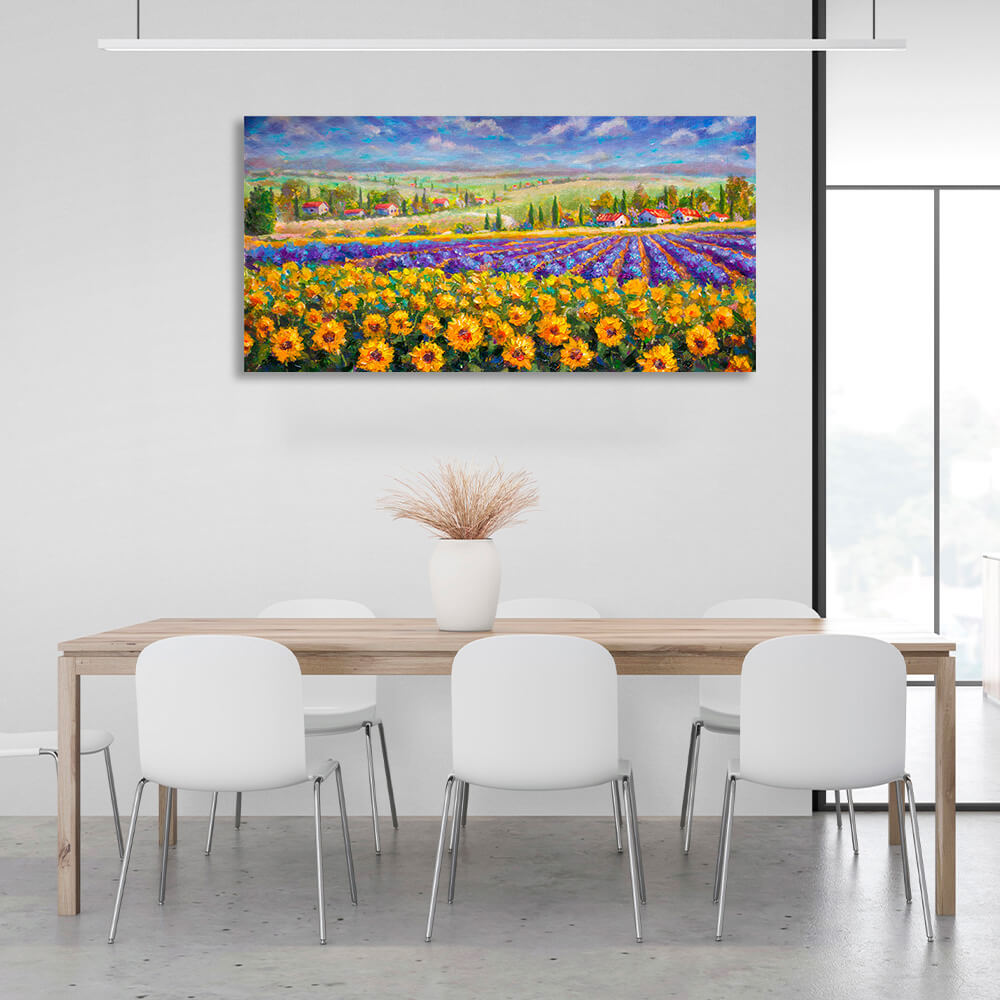 Leinwandbild „Landschaft mit Blumen und Häusern“