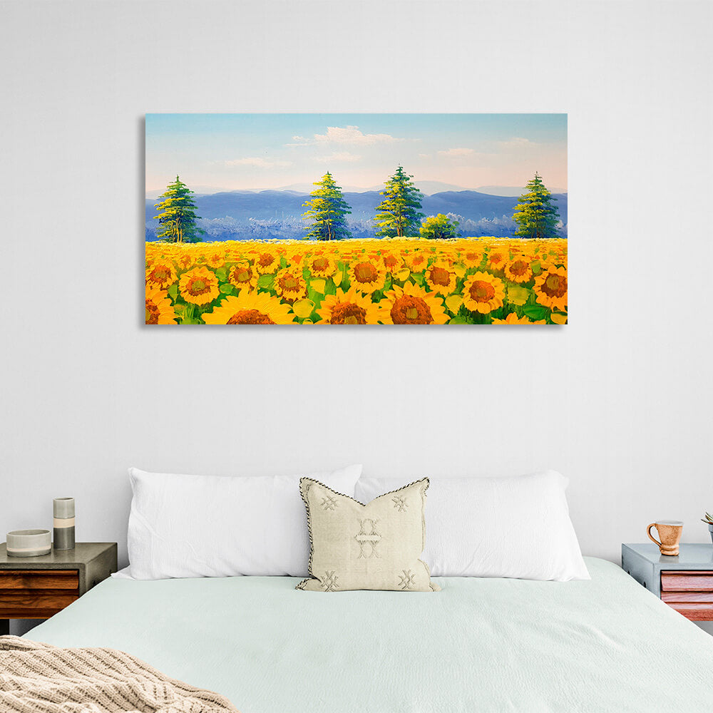 Leinwandbild „Feld mit Sonnenblumen“, Pinselmalerei, Kunstdruck