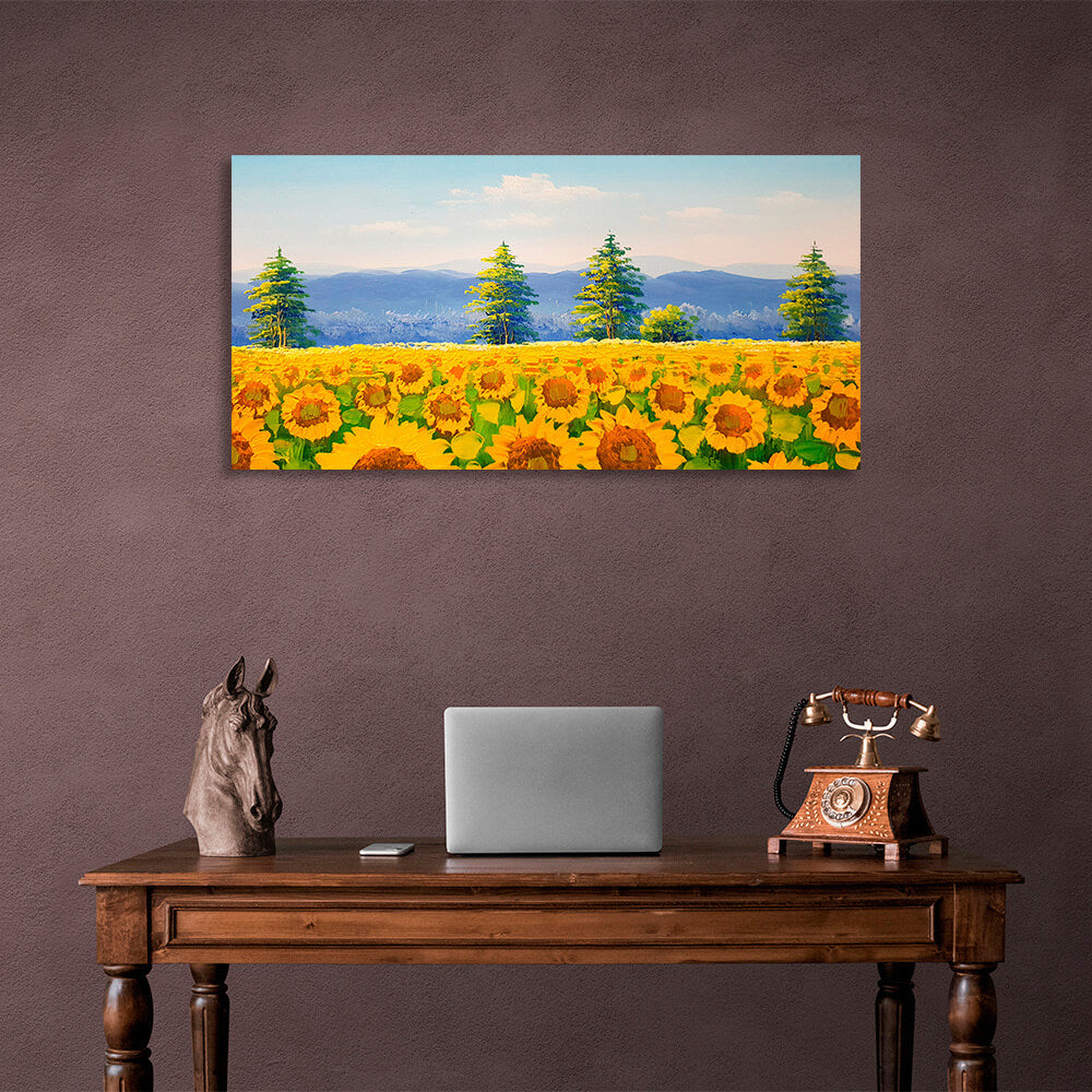 Leinwandbild „Feld mit Sonnenblumen“, Pinselmalerei, Kunstdruck