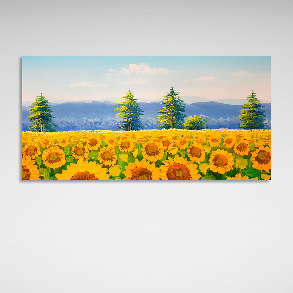 Leinwandbild „Feld mit Sonnenblumen“, Pinselmalerei, Kunstdruck