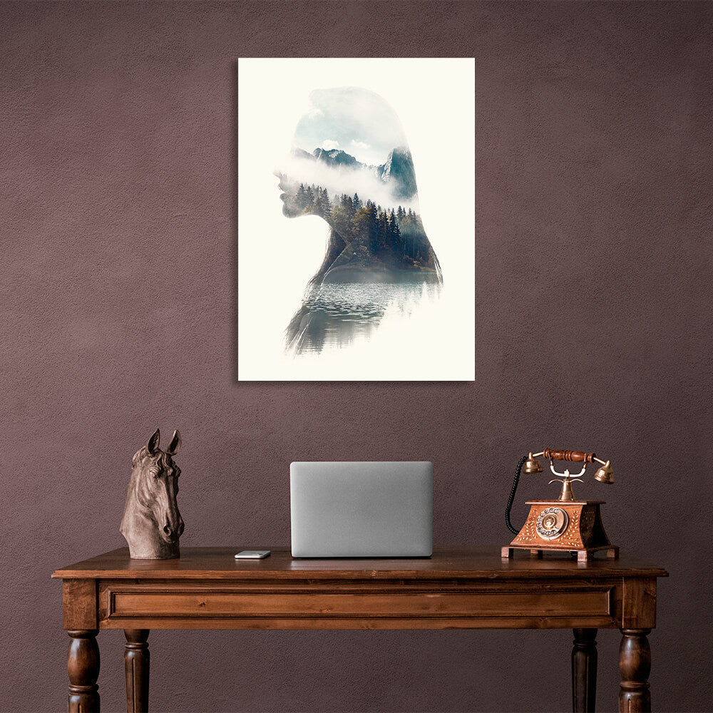 Silhouette of a woman with nature inside on a white background Canvas Wall Art Print