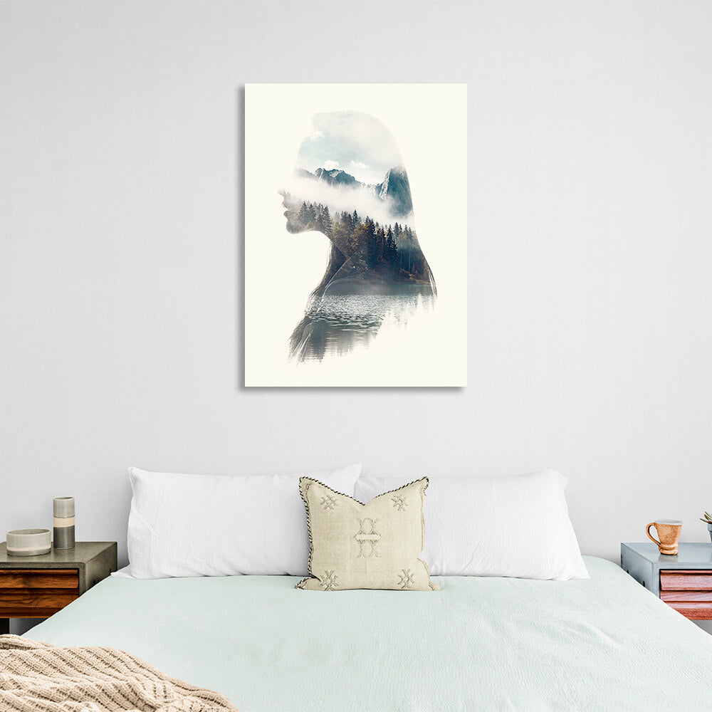 Silhouette of a woman with nature inside on a white background Canvas Wall Art Print