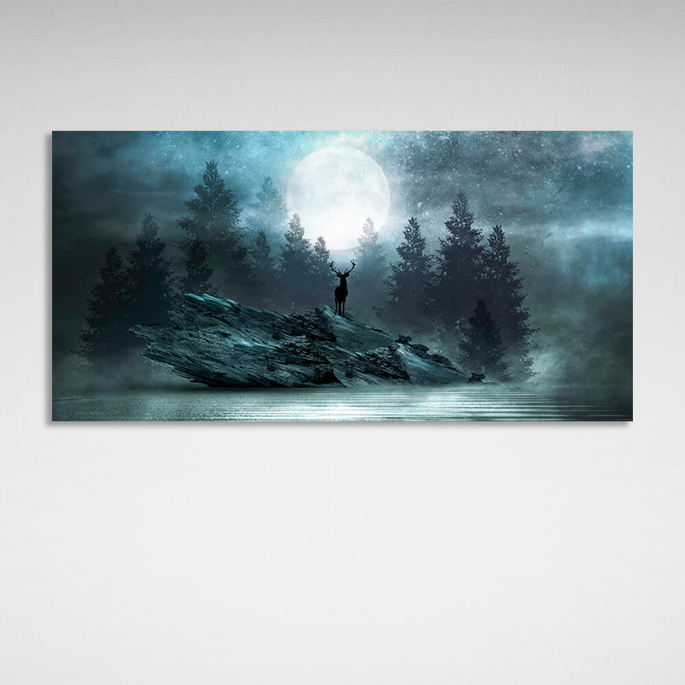 A deer on a cliff against a forest backdrop under the moonlight Canvas Wall Art Print