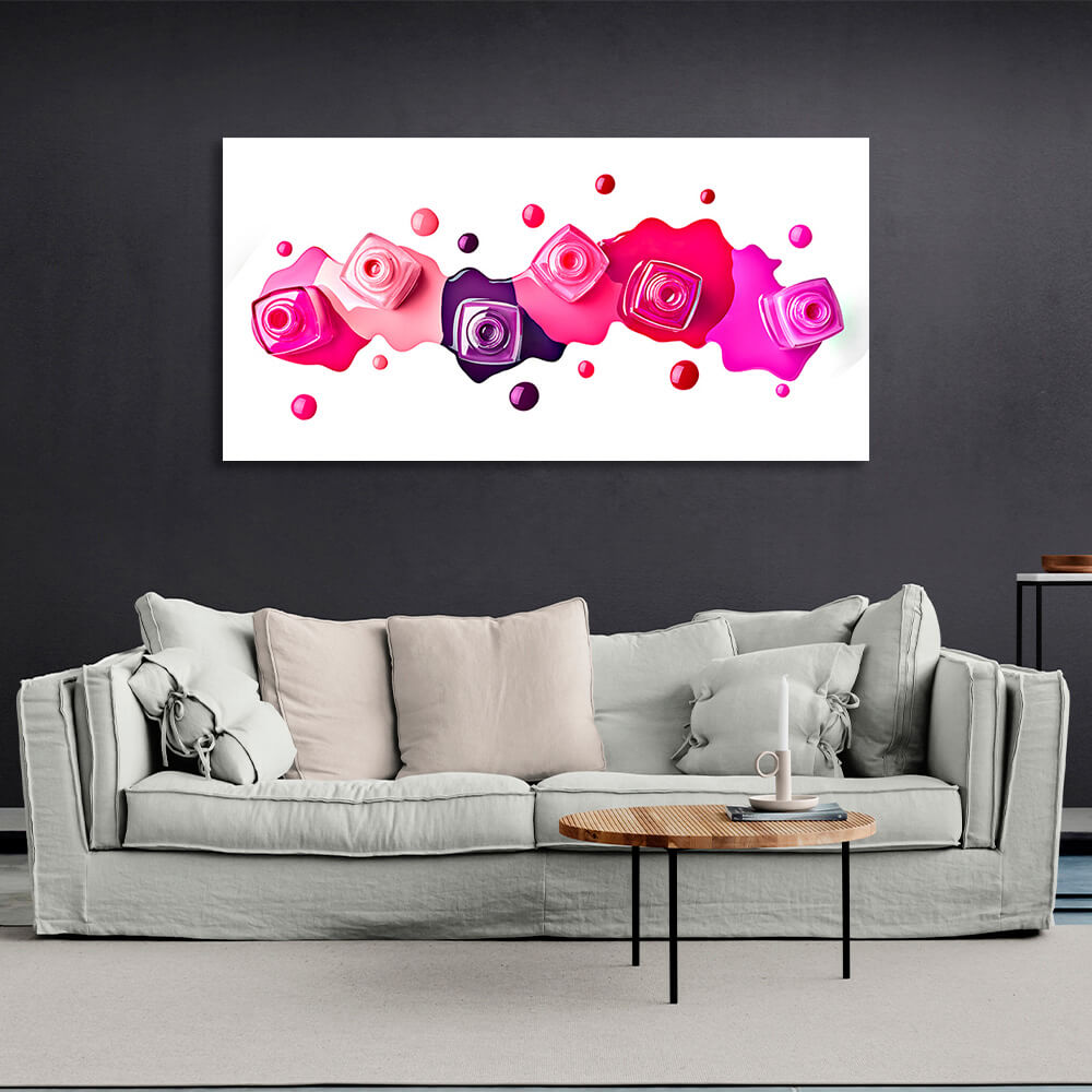 Kunstdruck auf Leinwand, rosa, rot und lila Nagellack auf weißem Hintergrund