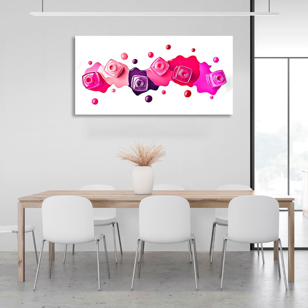 Kunstdruck auf Leinwand, rosa, rot und lila Nagellack auf weißem Hintergrund