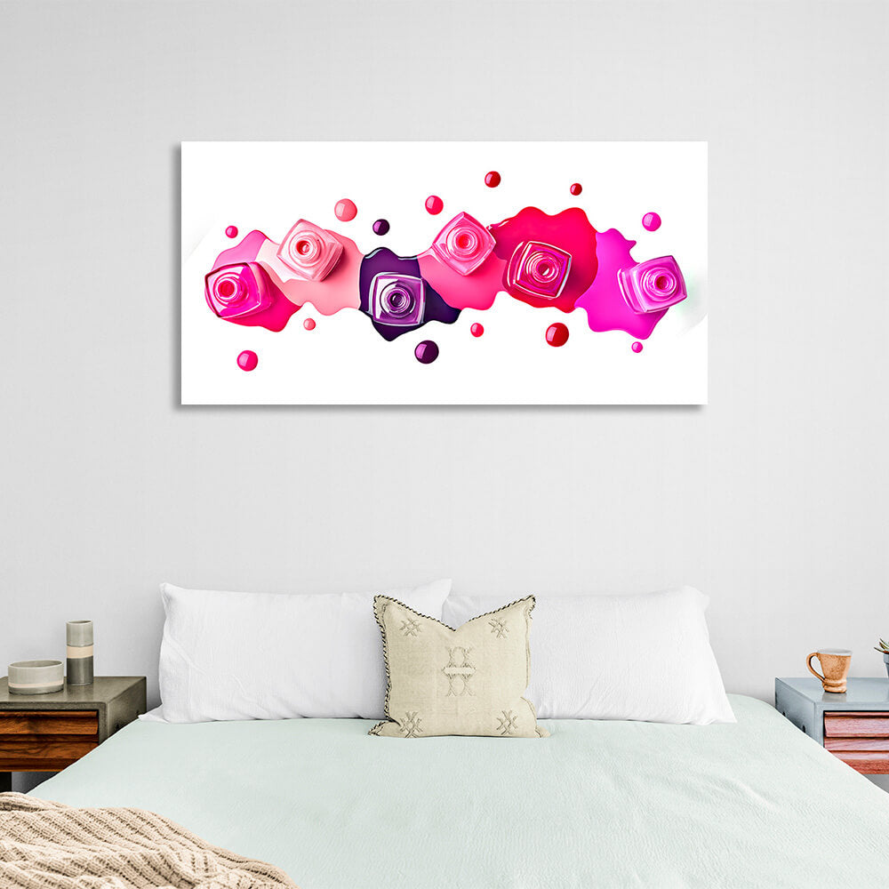 Kunstdruck auf Leinwand, rosa, rot und lila Nagellack auf weißem Hintergrund