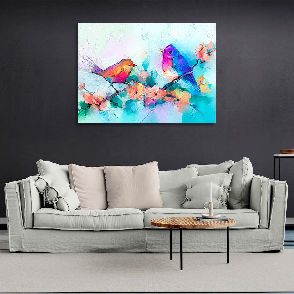 Two birds on a branch imitation oil painting Canvas Wall Art Print