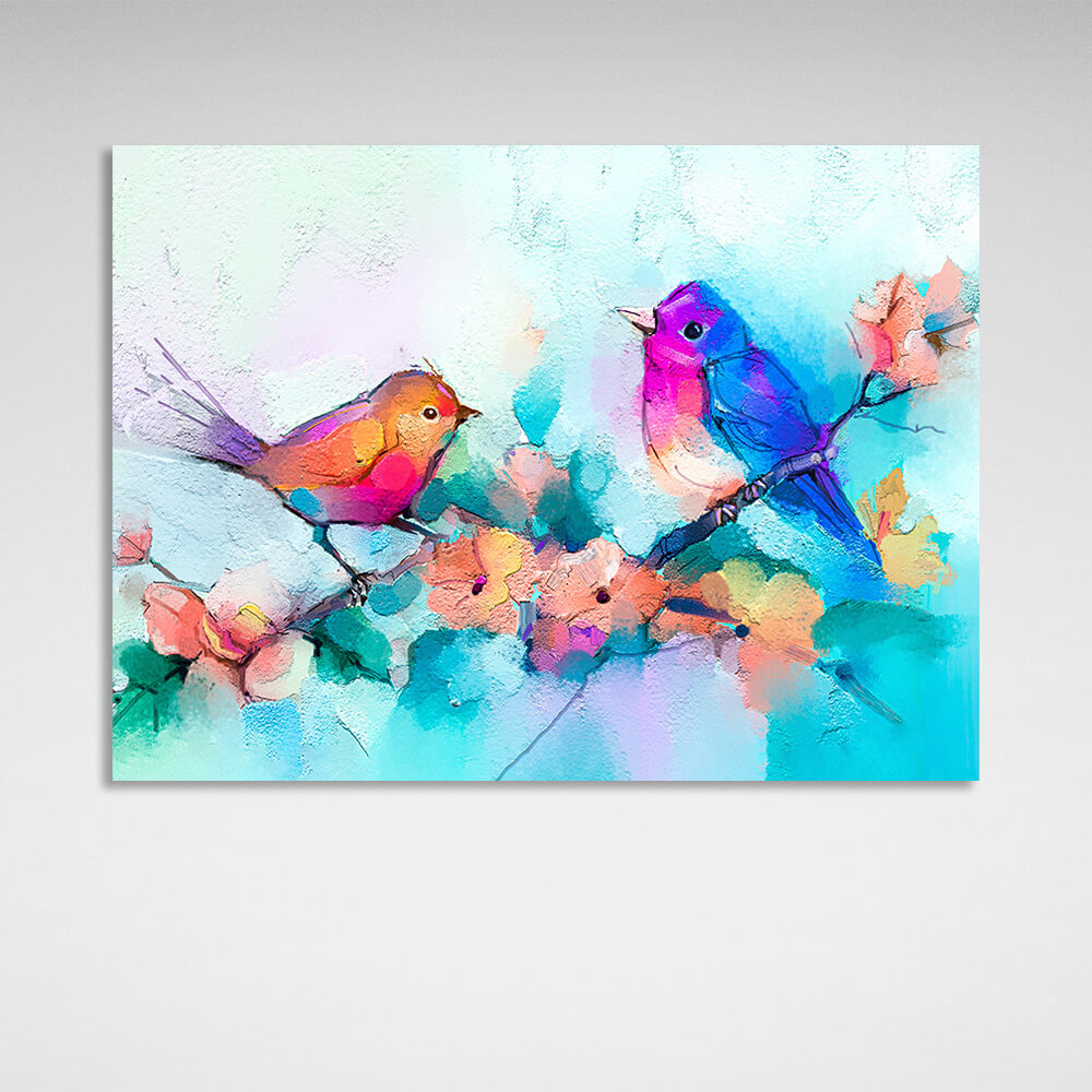 Two birds on a branch imitation oil painting Canvas Wall Art Print