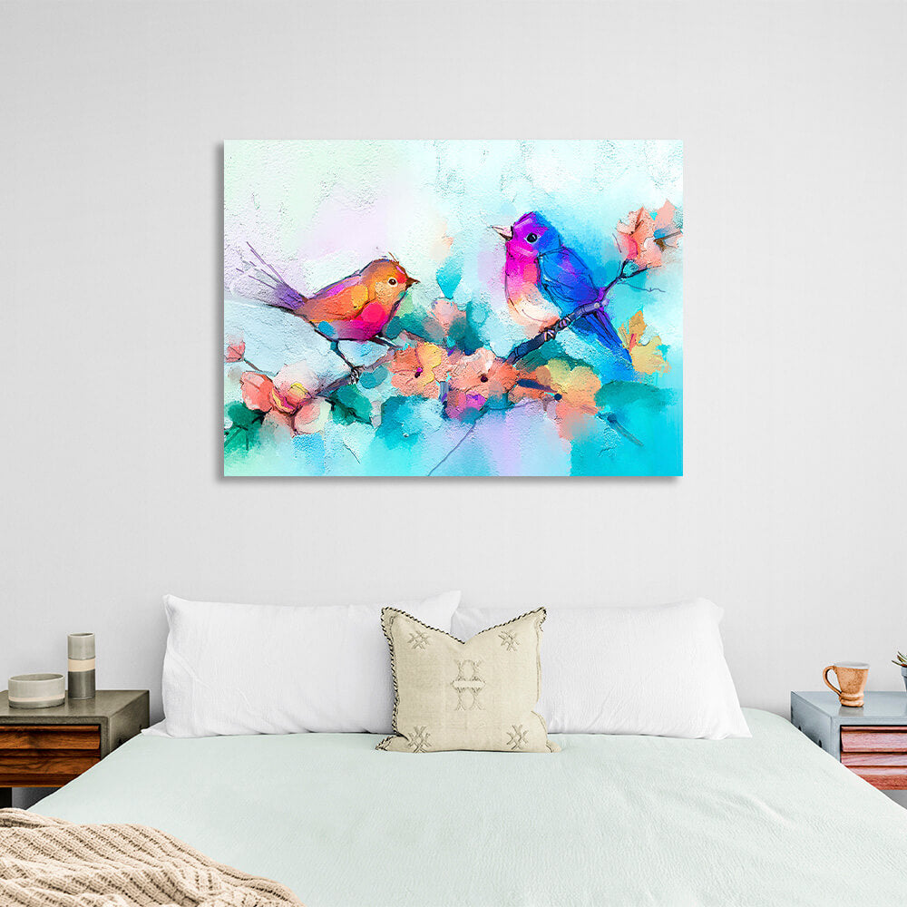 Two birds on a branch imitation oil painting Canvas Wall Art Print