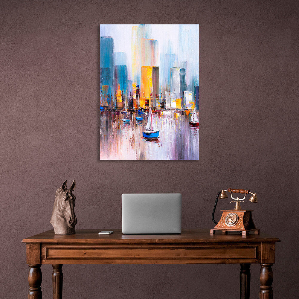 Boats at sea against the backdrop of the big city Canvas Wall Art Print