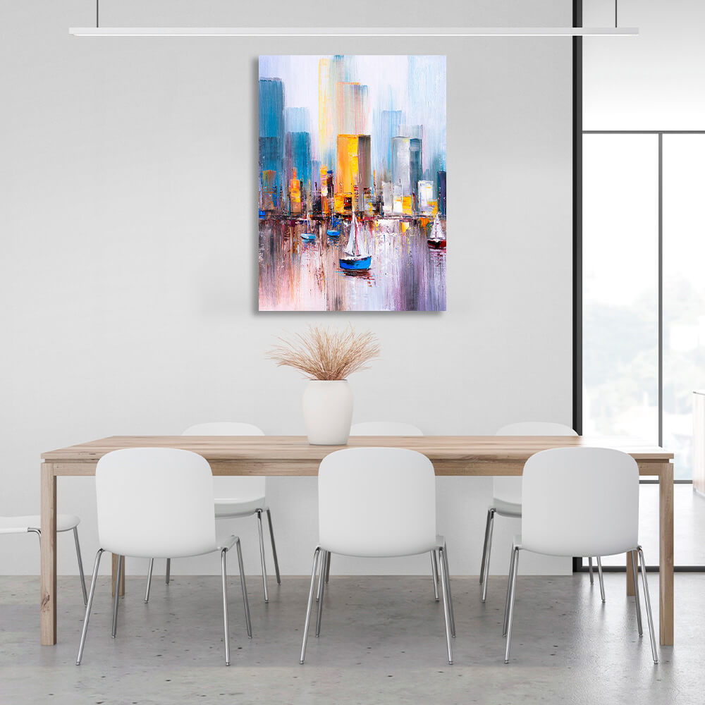 Boats at sea against the backdrop of the big city Canvas Wall Art Print